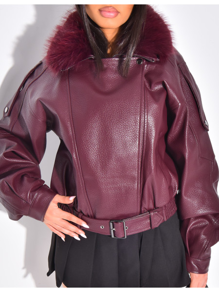 Blouson aviateur en similicuir à col fourrure amovible