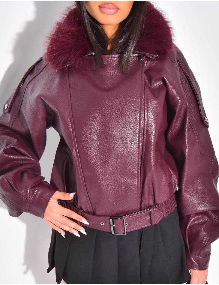 Blouson aviateur en similicuir à col fourrure amovible