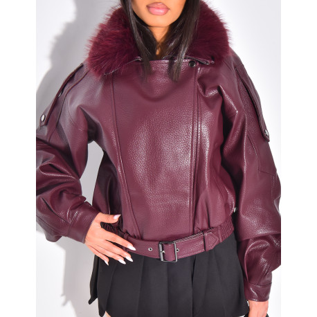 Blouson aviateur en similicuir à col fourrure amovible