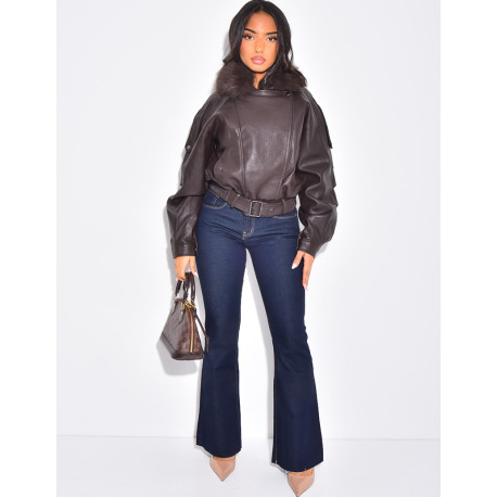 Blouson aviateur en similicuir à col fourrure amovible