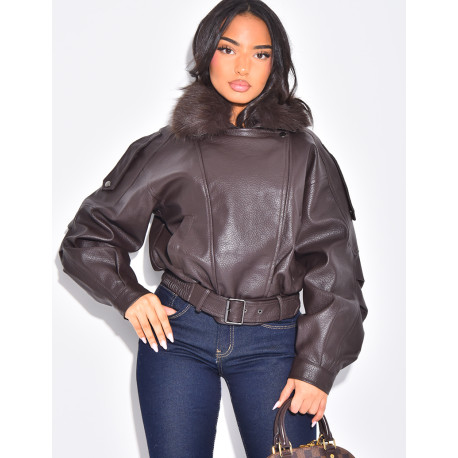 Blouson aviateur en similicuir à col fourrure amovible