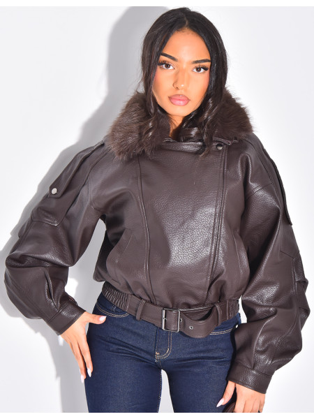 Blouson aviateur en similicuir à col fourrure amovible