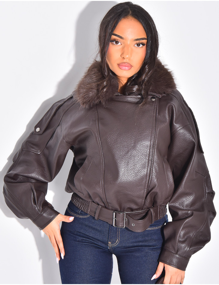 Blouson aviateur en similicuir à col fourrure amovible