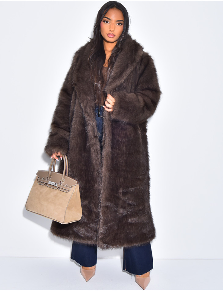 Manteau oversize à fourrure premium marron froid