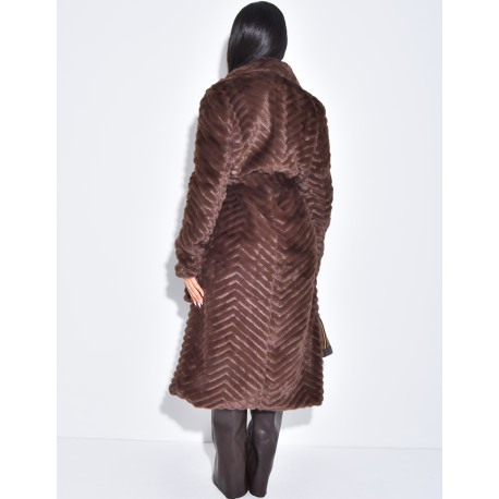 Manteau long en fausse fourrure effet chevron
