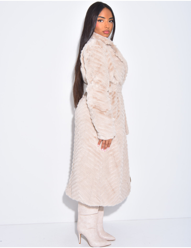 Manteau long en fausse fourrure effet chevron