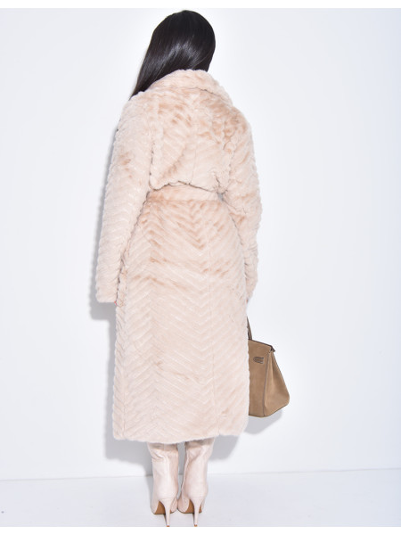 Manteau long en fausse fourrure effet chevron