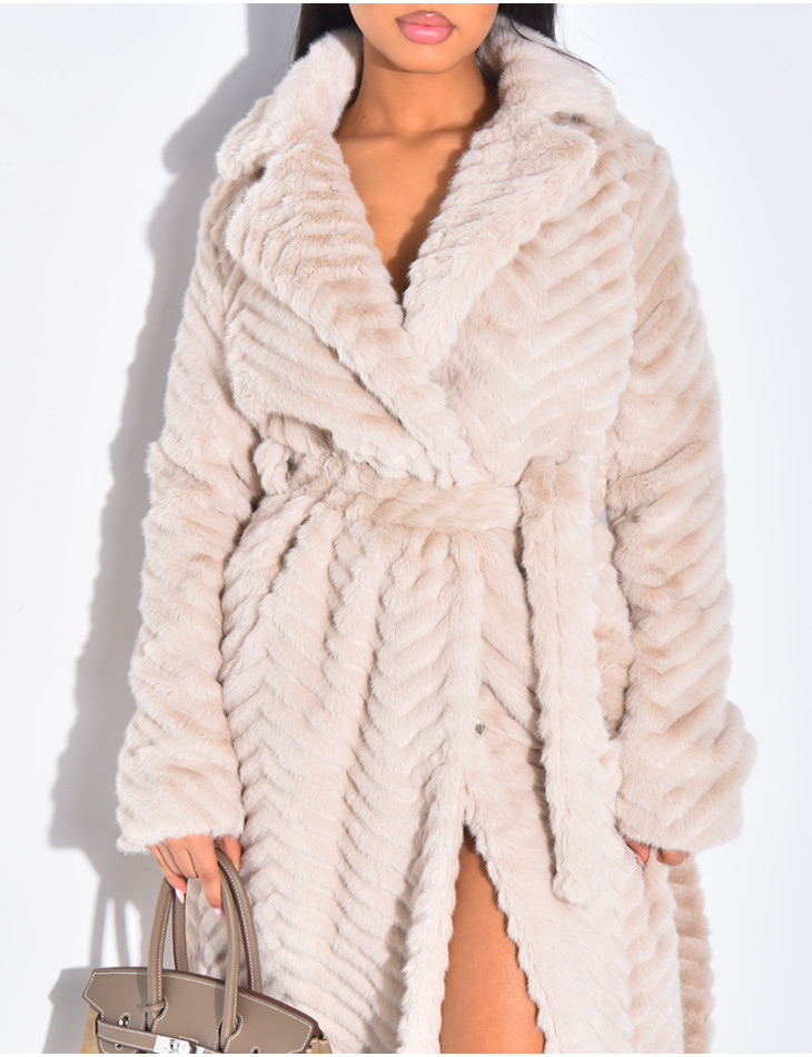 Manteau long en fausse fourrure effet chevron