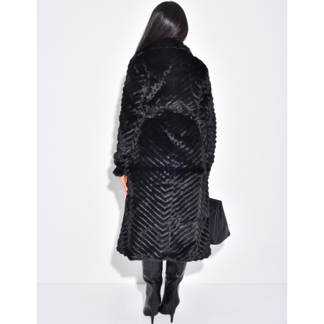 Manteau long en fausse fourrure effet chevron