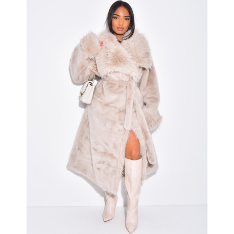 Manteau long en fausse fourrure à col rabattu