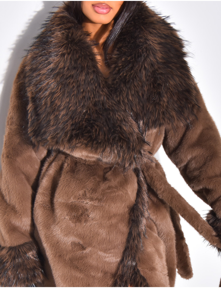 Manteau long en fausse fourrure à col rabattu