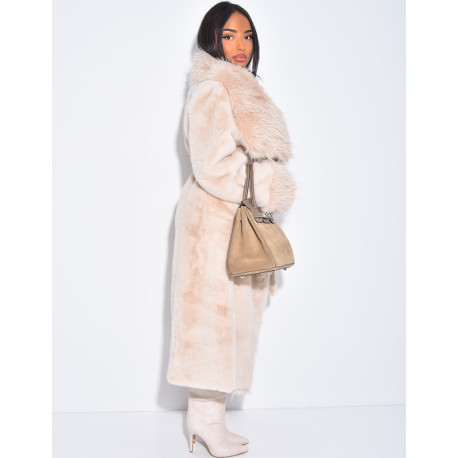 Manteau long en fausse fourrure à col rabattu