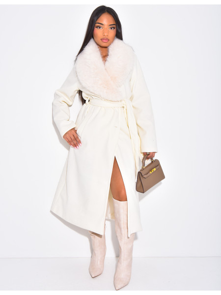 Manteau long et texturé en feutrine à col en fourrure