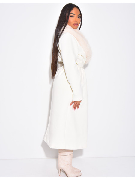 Manteau long et texturé en feutrine à col en fourrure