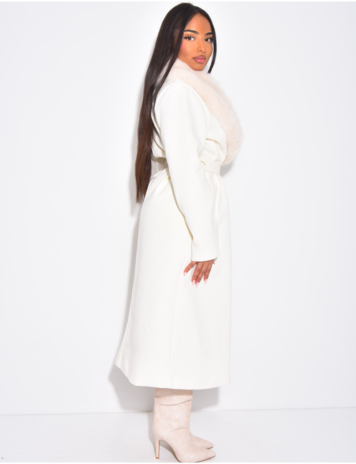 Manteau long et texturé en feutrine à col en fourrure