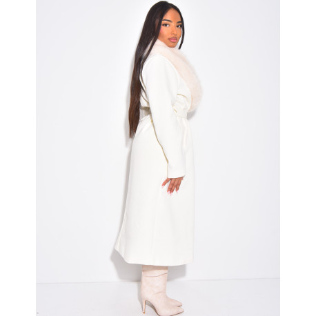 Manteau long et texturé en feutrine à col en fourrure