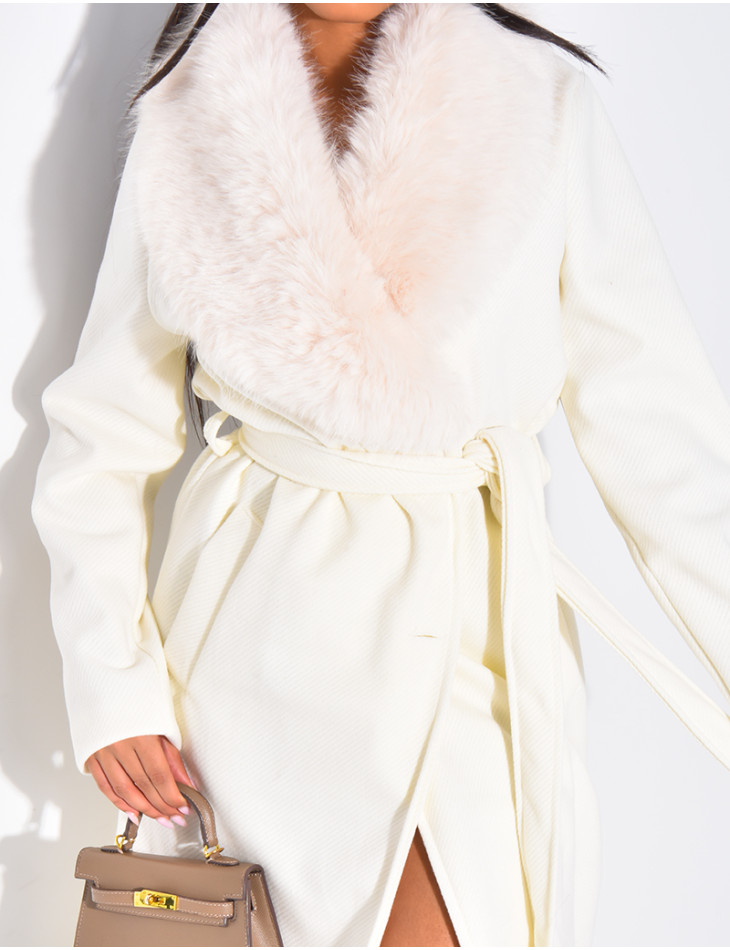 Manteau long et texturé en feutrine à col en fourrure