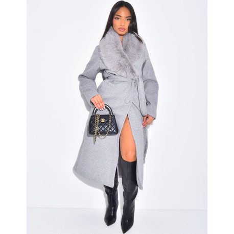 Manteau long et texturé en feutrine à col en fourrure