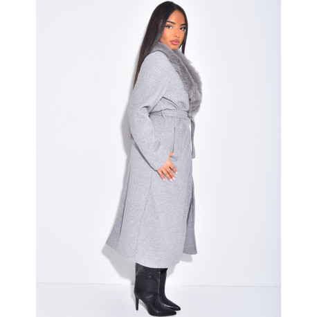 Manteau long et texturé en feutrine à col en fourrure