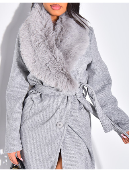 Manteau long et texturé en feutrine à col en fourrure