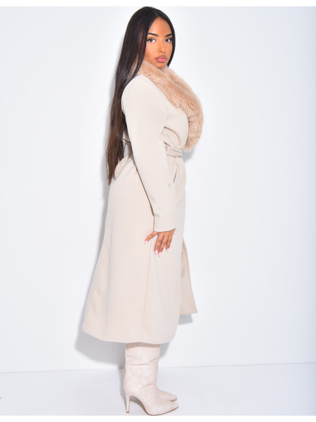 Manteau long et texturé en feutrine à col en fourrure