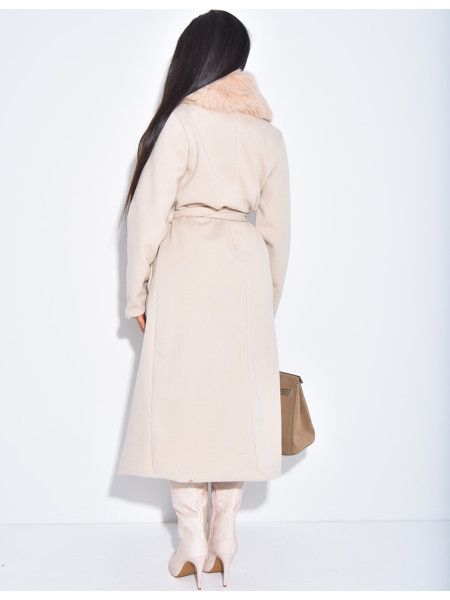 Manteau long et texturé en feutrine à col en fourrure