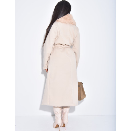 Manteau long et texturé en feutrine à col en fourrure