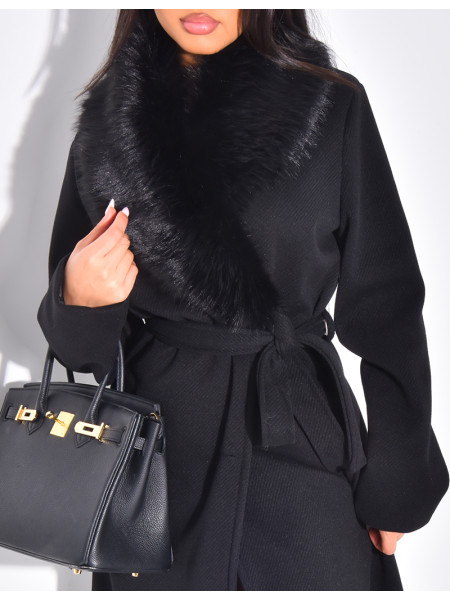 Manteau long et texturé en feutrine à col en fourrure