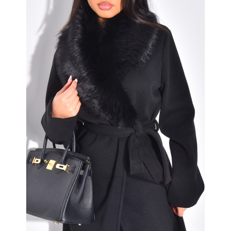 Manteau long et texturé en feutrine à col en fourrure