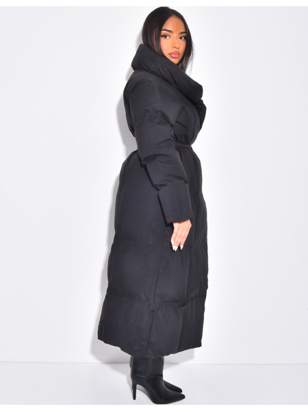 Long quilted down jacket with tie fastening