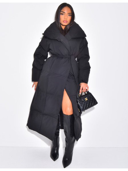 Long quilted down jacket with tie fastening