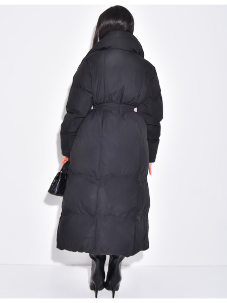 Long quilted down jacket with tie fastening