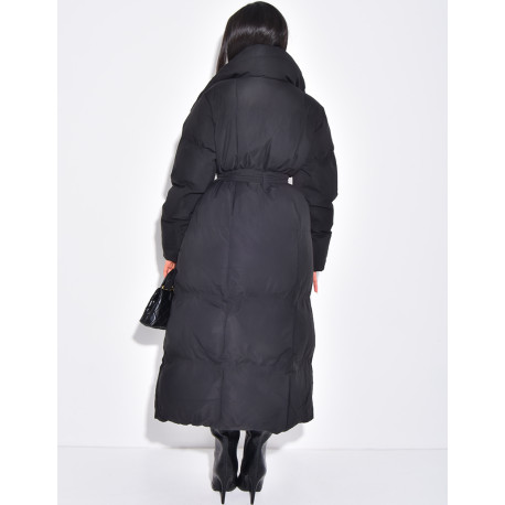Long quilted down jacket with tie fastening
