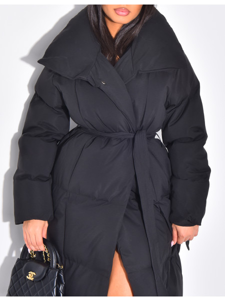 Long quilted down jacket with tie fastening