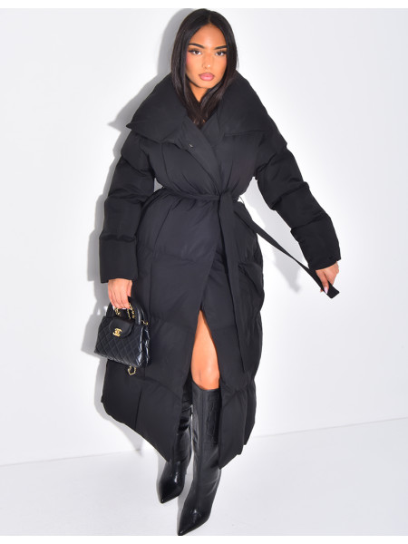 Long quilted down jacket with tie fastening