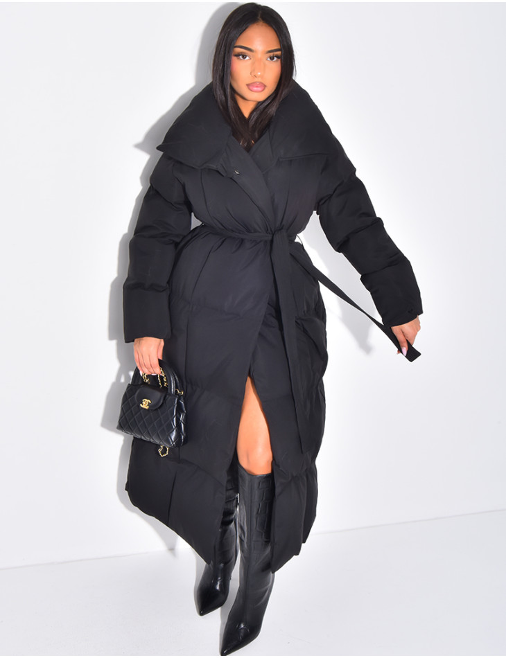 Long quilted down jacket with tie fastening