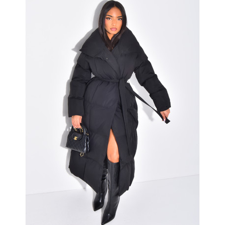 Long quilted down jacket with tie fastening