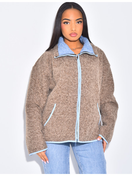 Veste en laine bouillie à bordures contrastantes