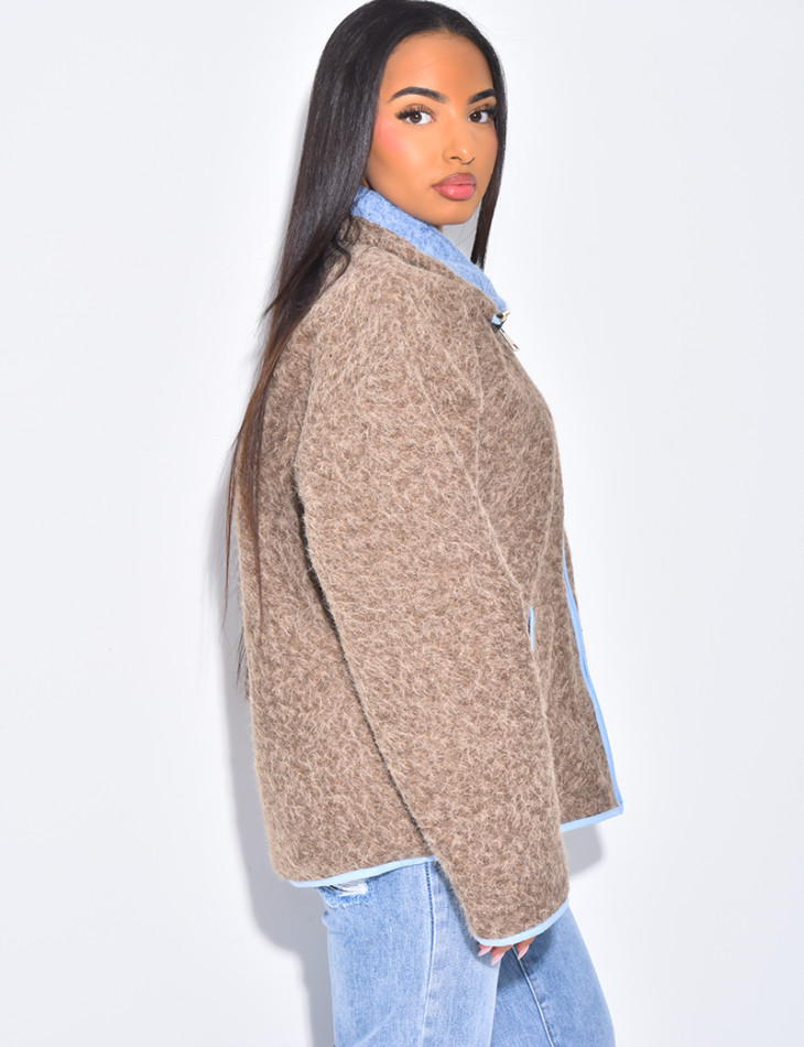 Veste en laine bouillie à bordures contrastantes