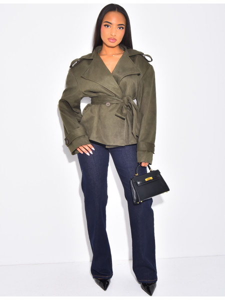 Kurzer Trenchcoat aus Wildlederimitat mit Bindegürtel