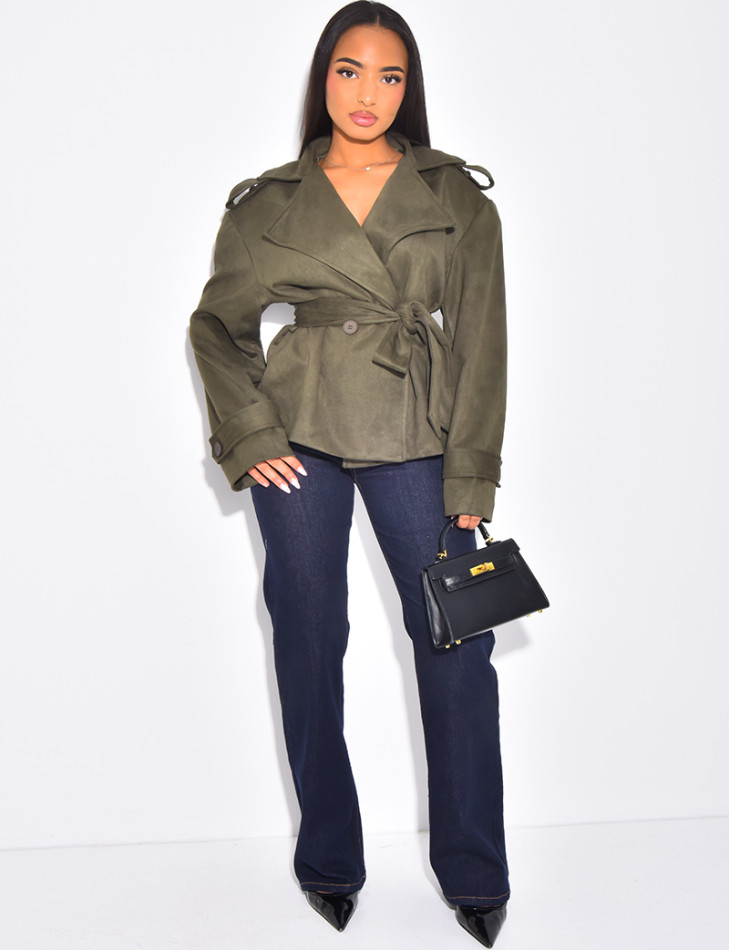 Kurzer Trenchcoat aus Wildlederimitat mit Bindegürtel