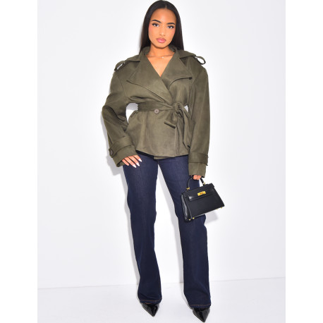 Kurzer Trenchcoat aus Wildlederimitat mit Bindegürtel