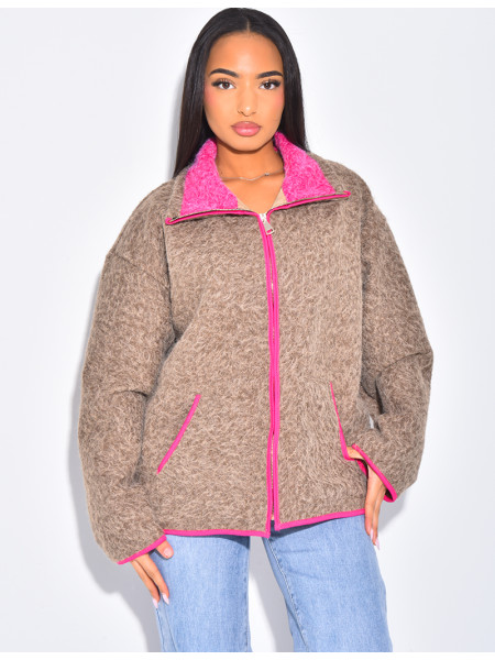 Veste en laine bouillie à bordures contrastantes