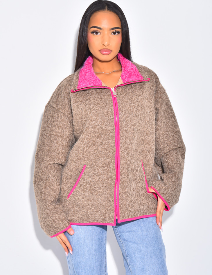 Veste en laine bouillie à bordures contrastantes