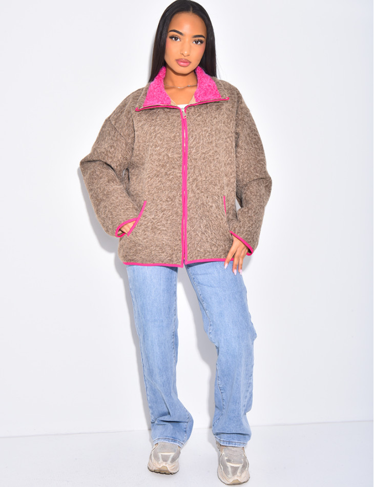 Veste en laine bouillie à bordures contrastantes