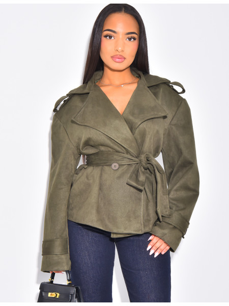 Kurzer Trenchcoat aus Wildlederimitat mit Bindegürtel