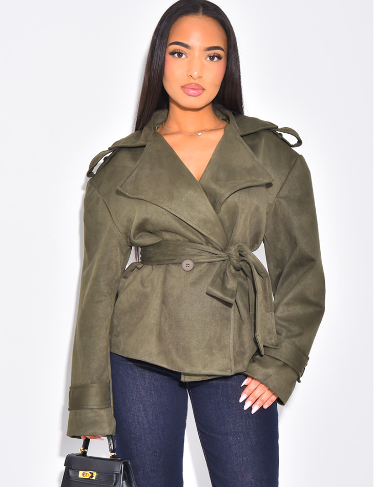 Kurzer Trenchcoat aus Wildlederimitat mit Bindegürtel