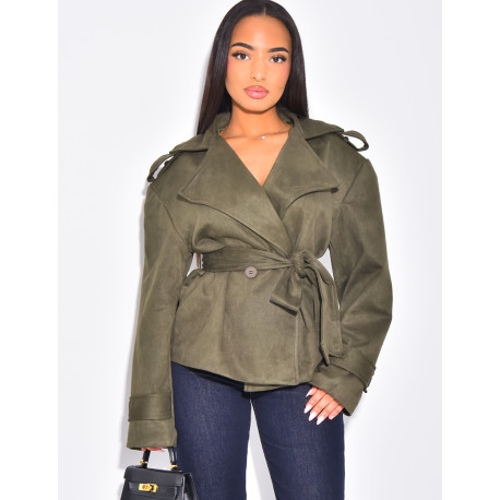 Kurzer Trenchcoat aus Wildlederimitat mit Bindegürtel