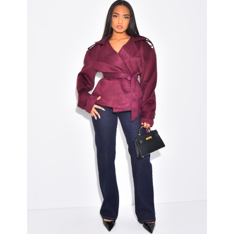 Kurzer Trenchcoat aus Wildlederimitat mit Bindegürtel