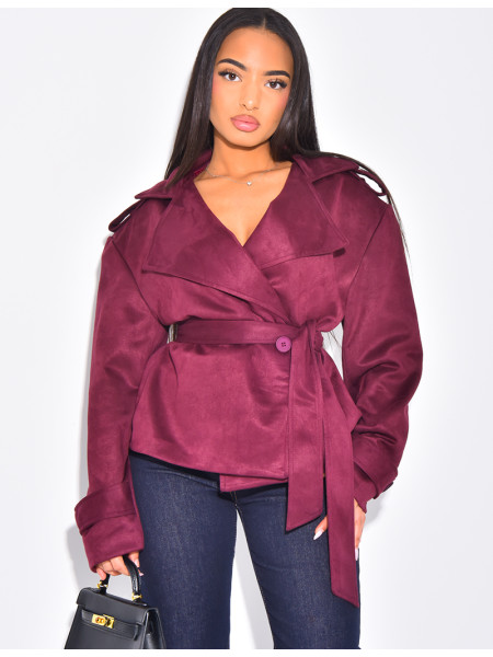 Kurzer Trenchcoat aus Wildlederimitat mit Bindegürtel